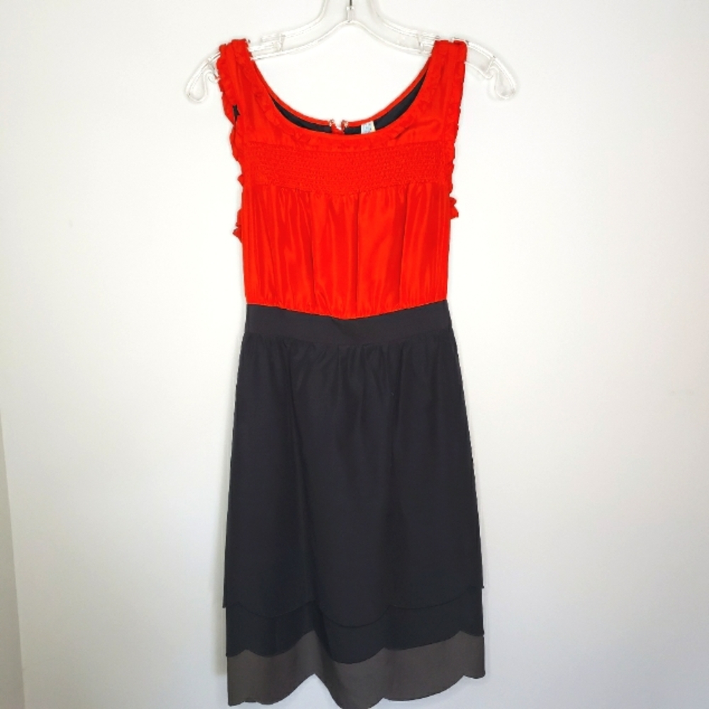 Anthropologie Maeve Horizon Scalloped Hem Silk Red & Black Dress Sleevel…